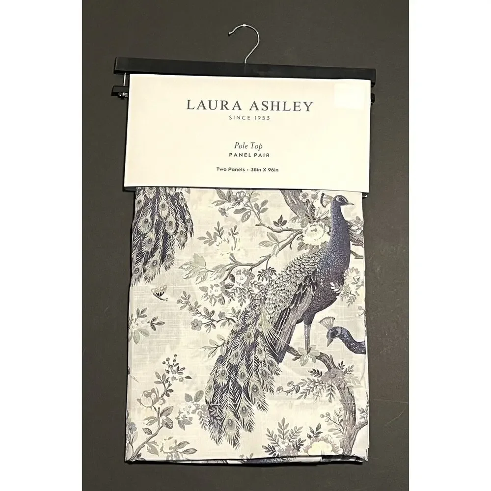 Laura Ashley Belvedere Peacock Curtains 2 Panels Navy Blue Green Ivory 38”x 96”